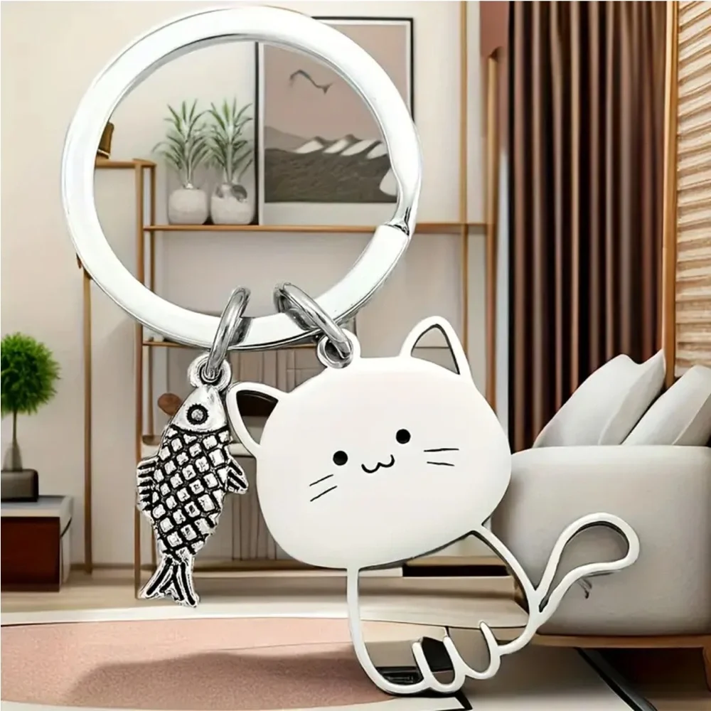 Whimsical Cat with Fish Key Ring Keychain with Dangle Charms